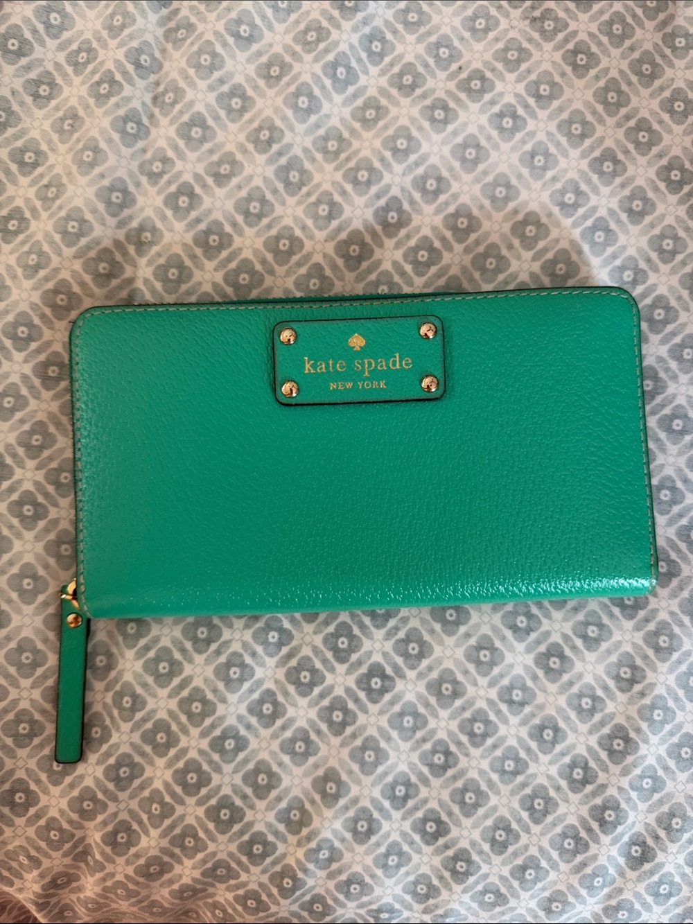 kate spade Teal Zip-Around Pebbled Leather Wallet with Gold Logo
